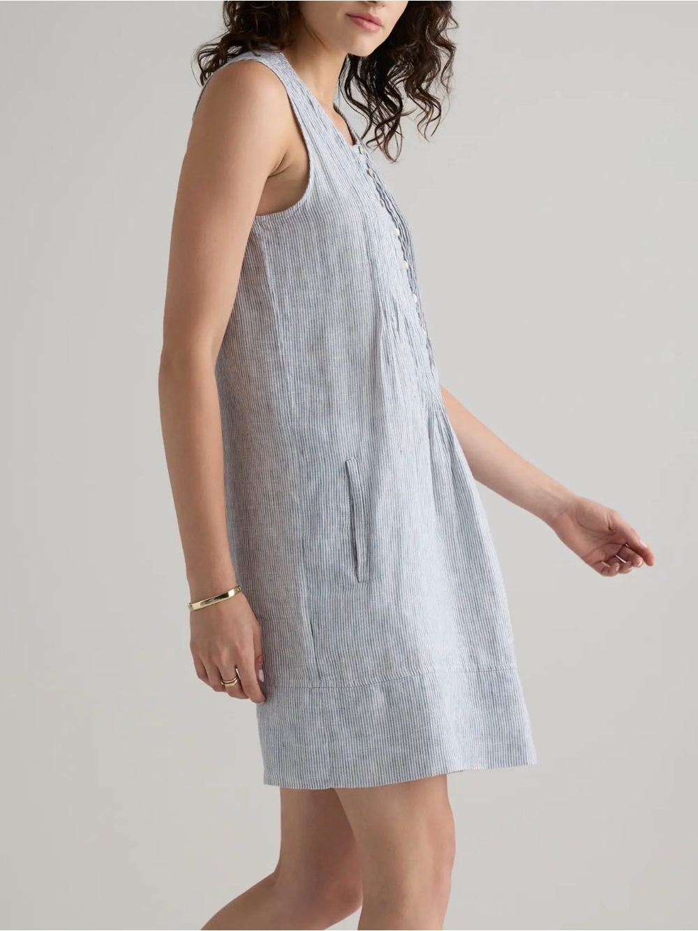 Quince European Linen Sleeveless Swing Dress blue pinstripe medium - Picture 3 of 16